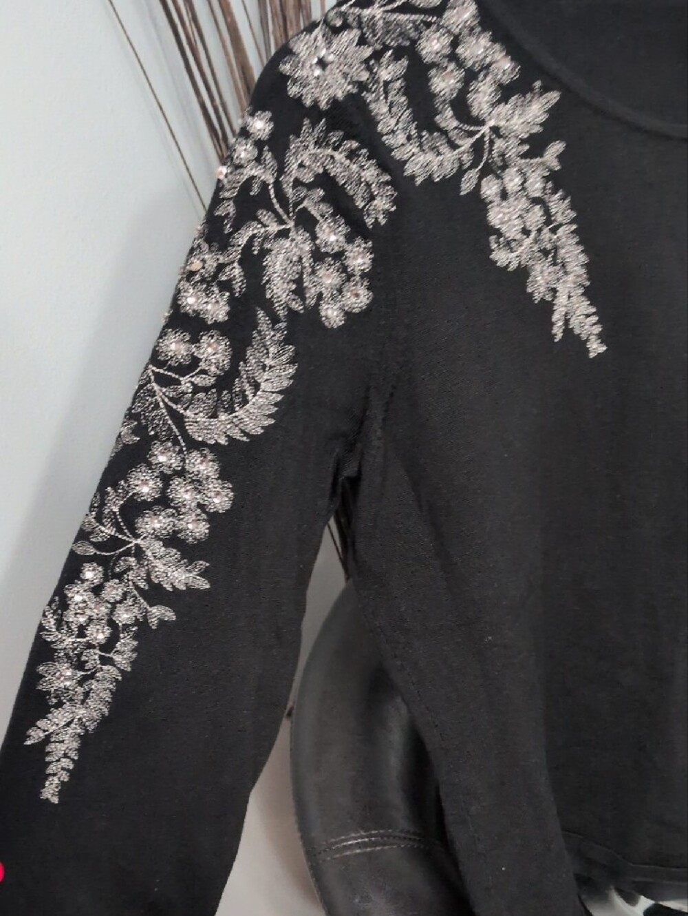 august silk Black Sweater with Silver Floral Embroidery & Rhinestones 75% Silk - Picture 3 of 8